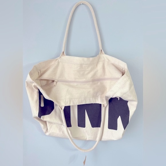 NWT PINK Victoria’s Secret Large Canvas Tote Duffel Bag Cream w/Black print. - Picture 9 of 11